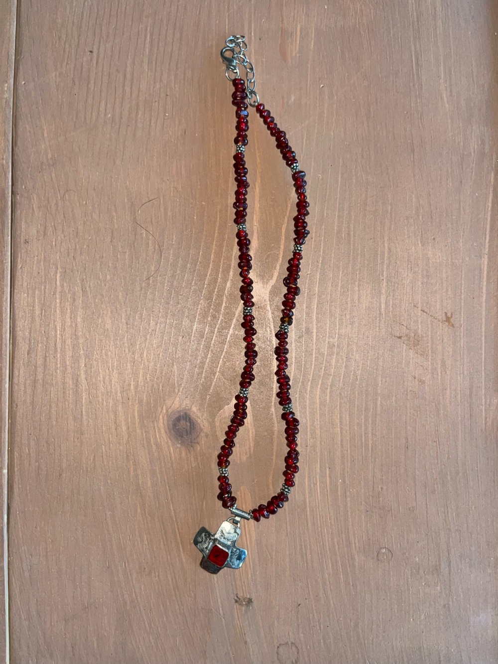 Handmade garnet necklace one of a kind metal cross with spacer beads adjustable